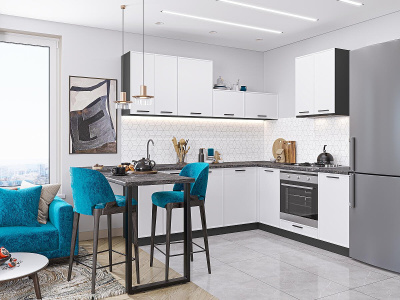 Кухонный гарнитур Фрейм-03  220/200х60х214/White Silk фото в интернет-магазине BestWood