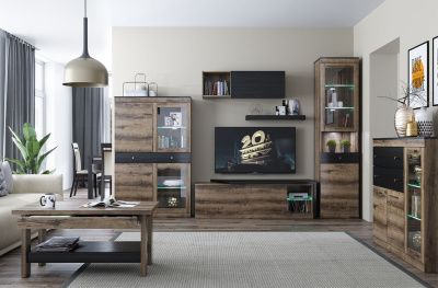 Шкаф с витриной 2V2D1S 100,2х35,6х159,8 Дуб монастырский/Черный фото в интернет-магазине BestWood