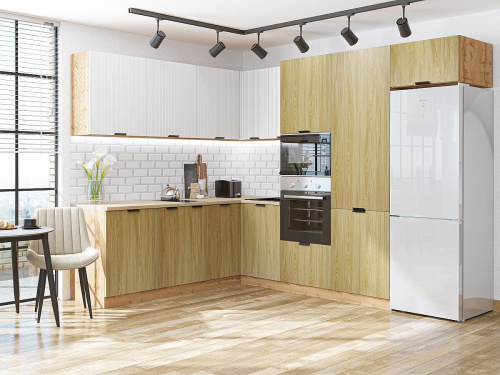 Кухонный гарнитур Евро Лайн-03  215/280х60х214/Белый/Дуб песочный фото в интернет-магазине BestWood
