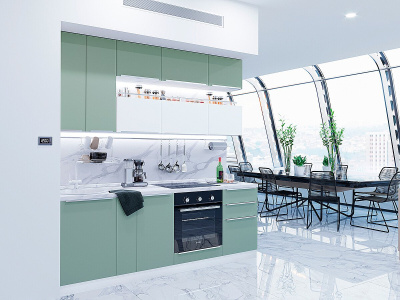 Кухонный гарнитур Фьюжн-01  230х60х234/Silky Mint/Silky White фото в интернет-магазине BestWood