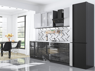 Кухонный гарнитур Валерия-М-03  240х60х214/Серый металлик дождь светлый/Черный металлик дождь фото в интернет-магазине BestWood