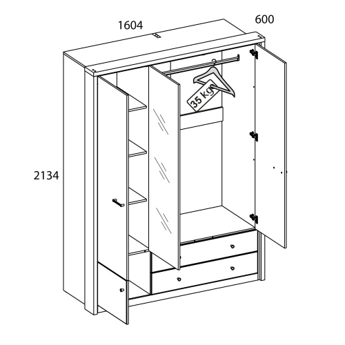 Шкаф 3DG2S Z 160,4х60х213,4 Дуб монастырский/Черный фото в интернет-магазине BestWood