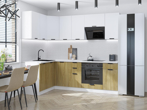 Кухонный гарнитур Евро Лайн-05  140/240х60х214/Белый/Дуб песочный фото в интернет-магазине BestWood