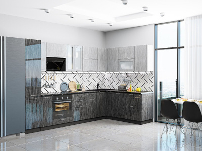 Кухонный гарнитур Валерия-М-05  320/180х60х214/Серый металлик дождь светлый/Черный металлик дождь фото в интернет-магазине BestWood