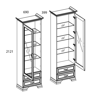 Шкаф с витриной 1V2S 69х39,9х212,1/Вудлайн кремовый фото в интернет-магазине BestWood