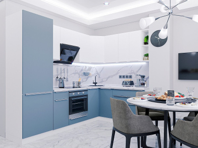 Кухонный гарнитур Фьюжн-04  250/180х60х214/Silky Blue/Silky White фото в интернет-магазине BestWood