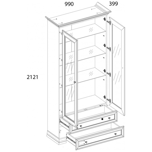 Шкаф с витриной 2V2S 99х39,9х212,1/Белый фото в интернет-магазине BestWood