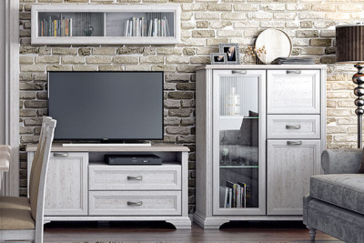 Шкаф с витриной 1V2D1S 104,4х37,9х131,8 Сосна винтаж/Дуб анкора фото в интернет-магазине BestWood