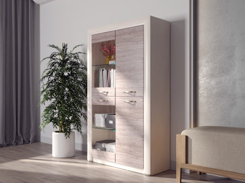 Шкаф-витрина 2V2D 95,9х36х160,9 Вудлайн кремовый/Дуб анкора фото в интернет-магазине BestWood